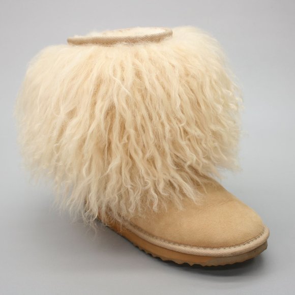 Alugg Ladies 7 Curly Lamb Hair Sheep Tan Suede Sheepskin Winter Short Booties - Picture 1 of 12